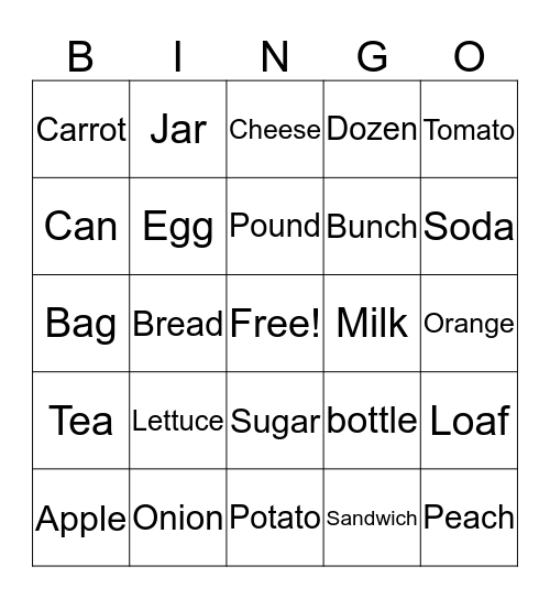 Food Bingo Card