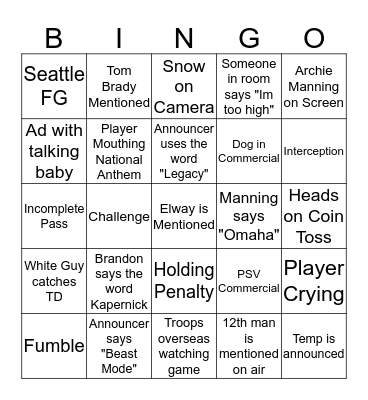 PSV Super Bowl Party 2014 Bingo Card