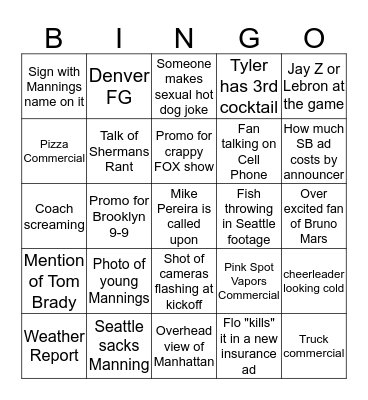 PSV Super Bowl Party 2014 Bingo Card