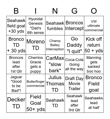 2014 SUPER BOWL BINGO Card