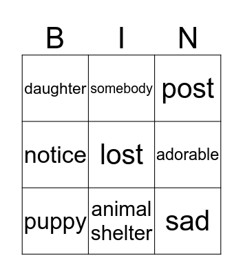 Lost Puppy Words Bingo Card