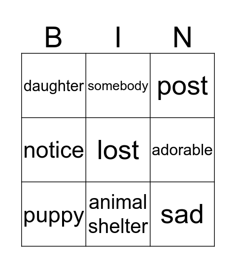 Lost Puppy Words Bingo Card