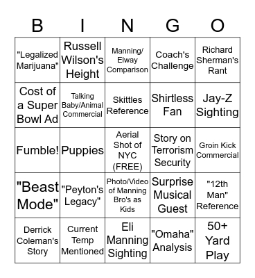 Super Bowl Bingo 2014! Bingo Card