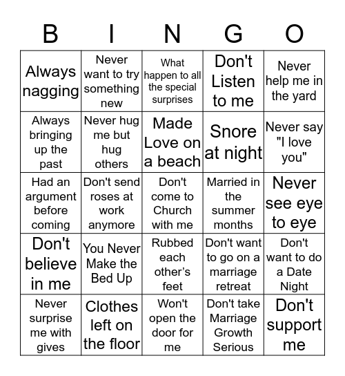 Being Married to You is a Challenge Bingo Card