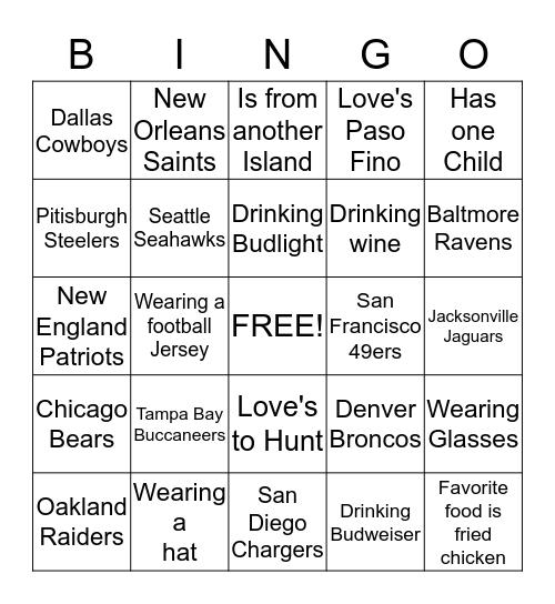 Mano's Super Bowl  Bingo Card