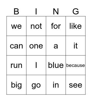 Sight Word Bingo Card