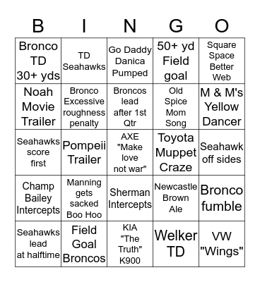 2014 SUPER BOWL BINGO Card