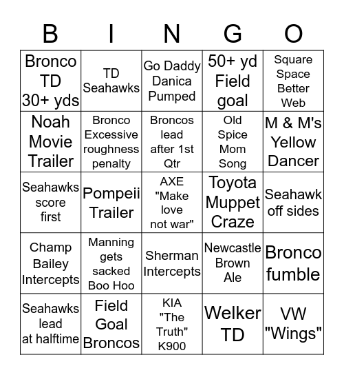 2014 SUPER BOWL BINGO Card