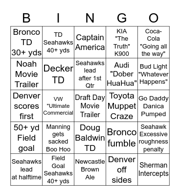 2014 SUPER BOWL BINGO Card