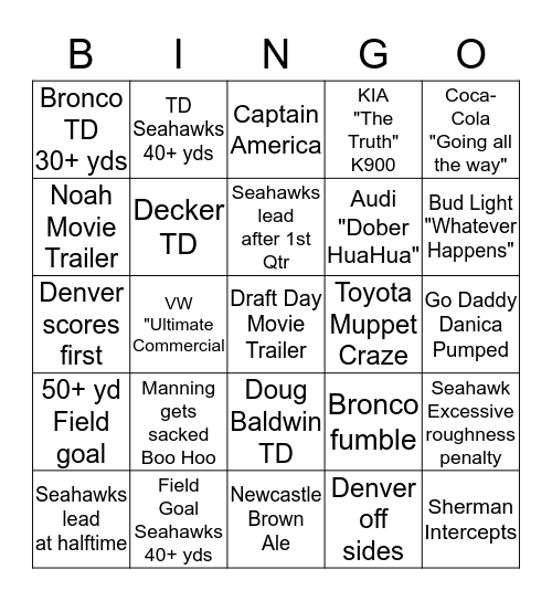 2014 SUPER BOWL BINGO Card