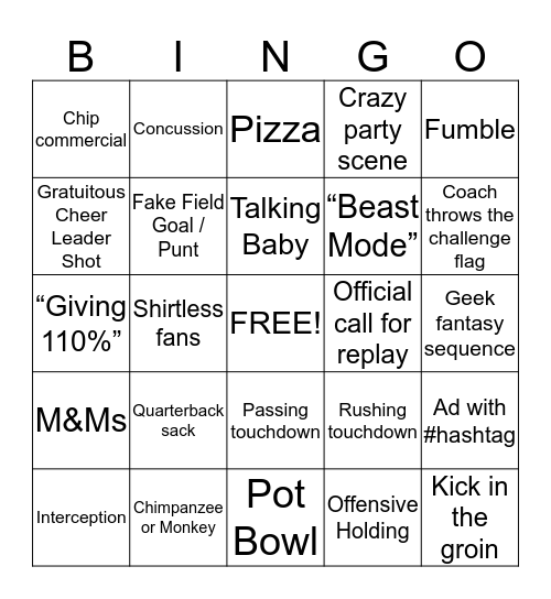 2014 Super Bowl Bingo – Adults’ Version Bingo Card