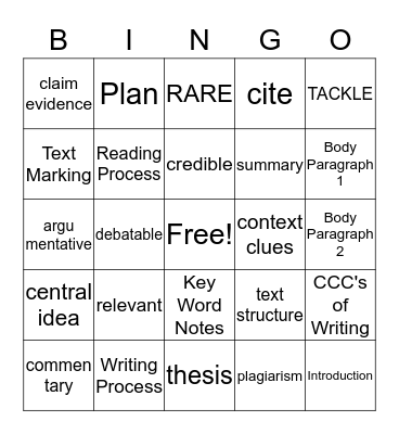 Language Arts Academic Vocabulary Bingo Card