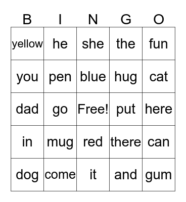 sight words Bingo Card