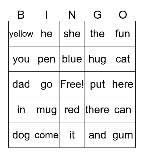 sight words Bingo Card