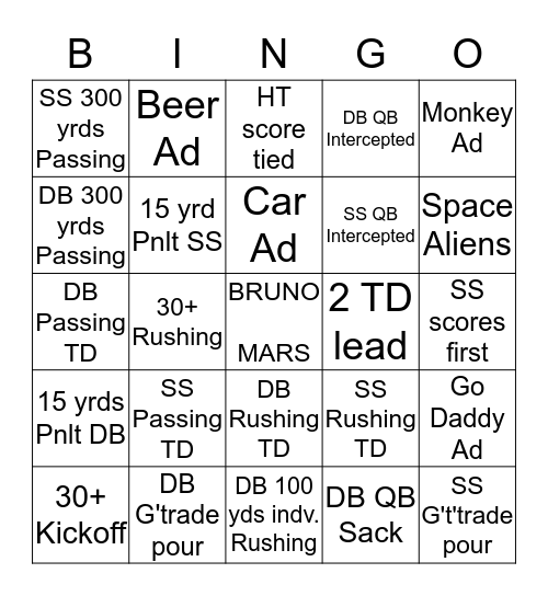 Super Bowl 2014 Bingo Card