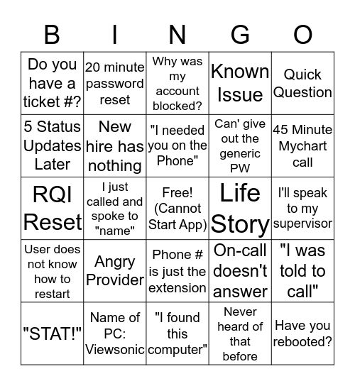 Service Desk Bingo Card