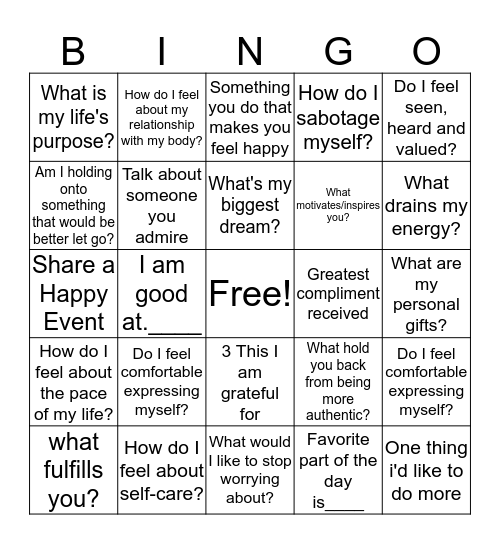 Self Love Bingo Card