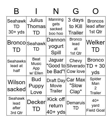 2014 SUPER BOWL BINGO Card