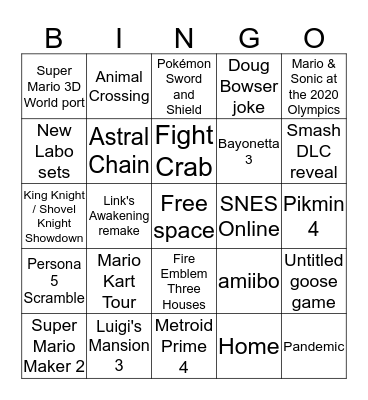 Nintendo E3 2019 Bingo Card