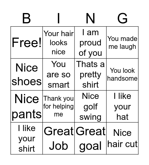 Compliments Bingo Card