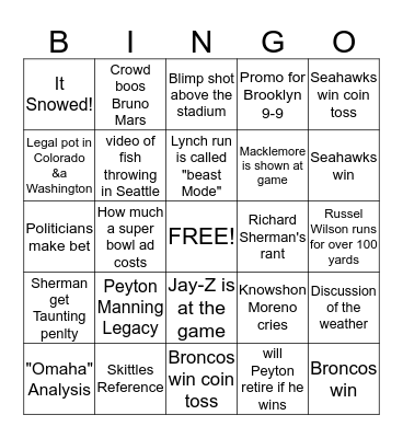 Super Bowl 49 Broncos VS. Seahawks  Bingo Card