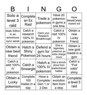 Pokemon Go Bingo Card