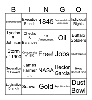 Texas Final Review Bingo Card