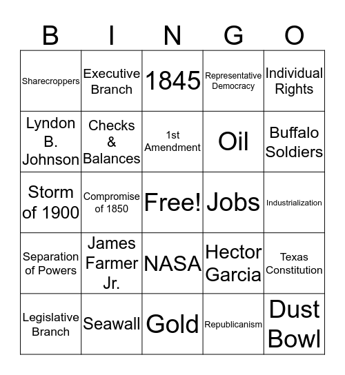Texas Final Review Bingo Card