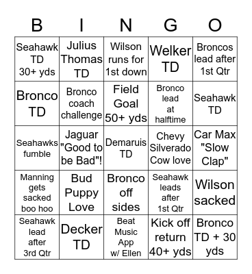 2014 SUPER BOWL BINGO Card