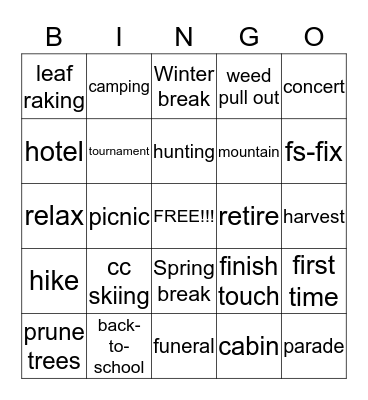 Seasonal Activities Bingo Card
