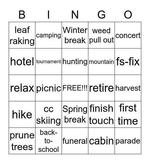 Seasonal Activities Bingo Card