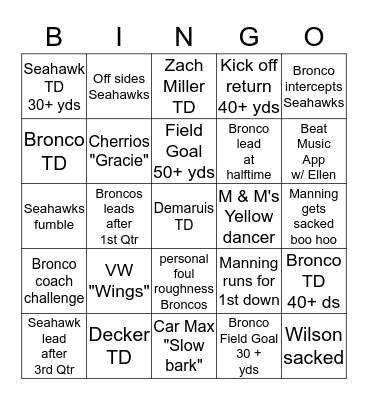 2014 SUPER BOWL BINGO Card