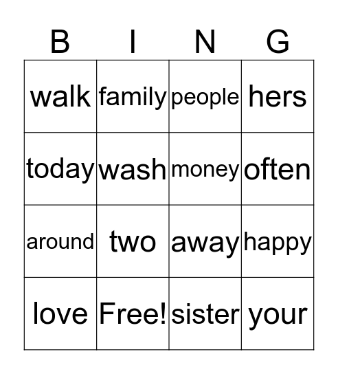 Sight Word Bingo Card