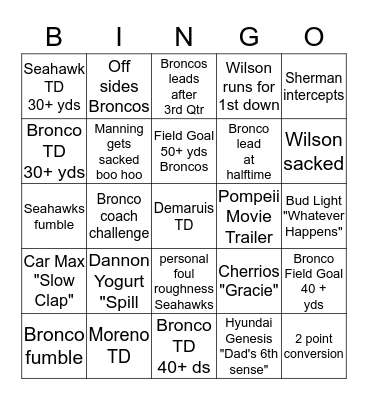 2014 SUPER BOWL BINGO Card