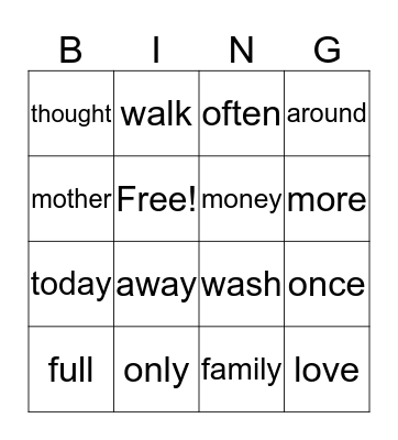 Sight Word Bingo Card