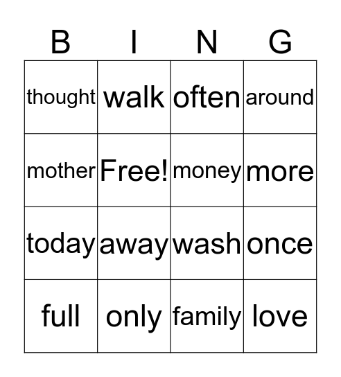 Sight Word Bingo Card