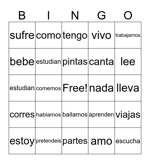 PRESENT AR, ER, & IR VERBS! Bingo Card
