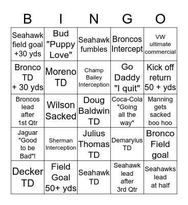 2014 SUPER BOWL BINGO Card