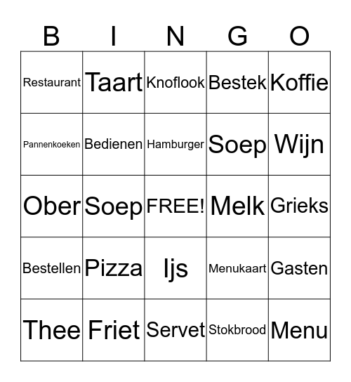 Restaurant bingo Card