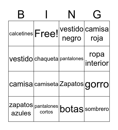 ropa española Bingo Card