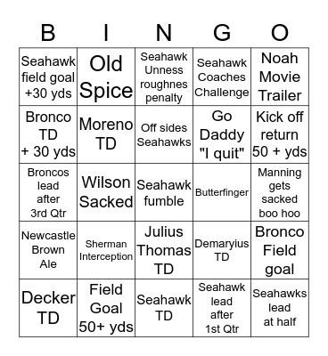 2014 SUPER BOWL BINGO Card