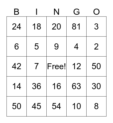 Multiplication and Divistion Bingo Card