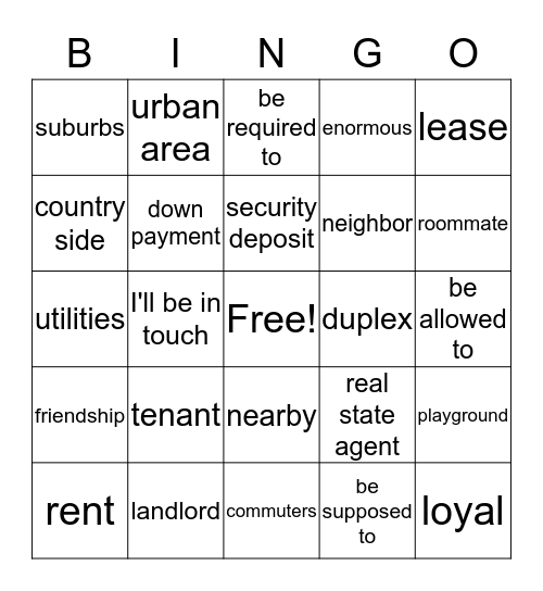 vocabulary Bingo Card