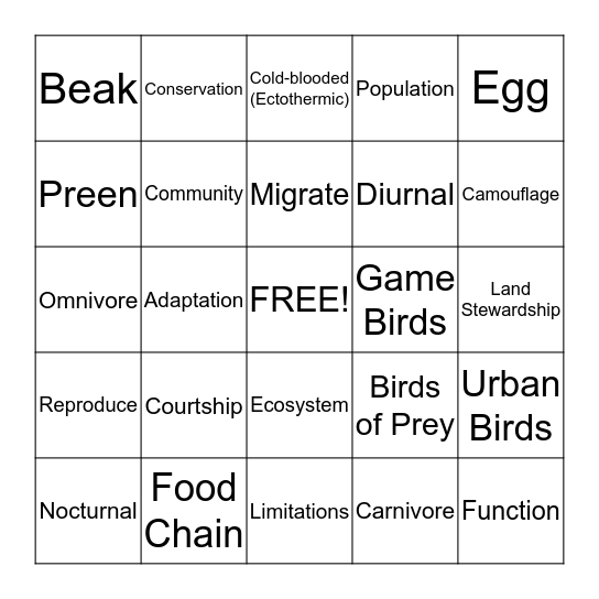 Bird is the Word Bingo Card