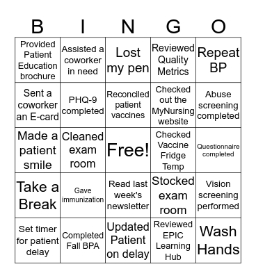 Nurse Week Bingo Card