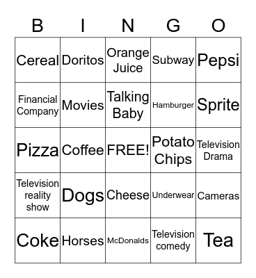 Super Bowl Commercial Bingo Card