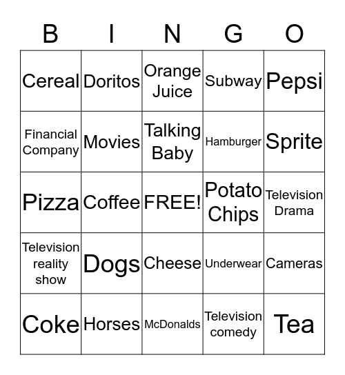 Super Bowl Commercial Bingo Card