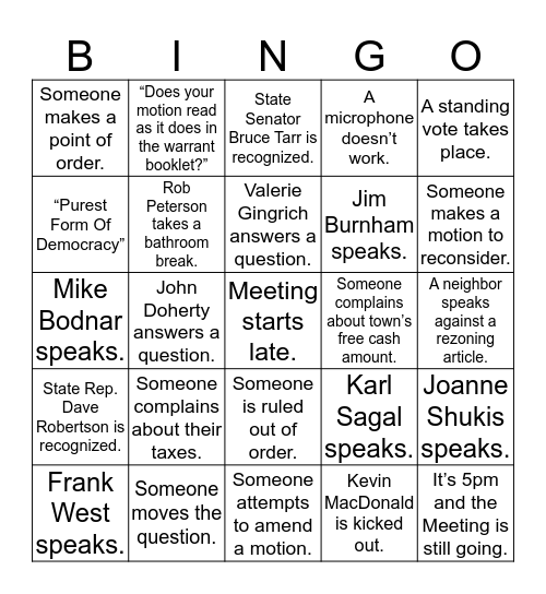 Wilmington Town Meeting Bingo Card