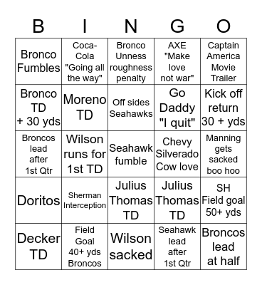 2014 SUPER BOWL BINGO Card