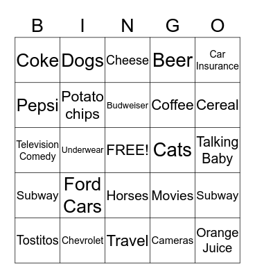Super Bowl Commercial Bingo Card
